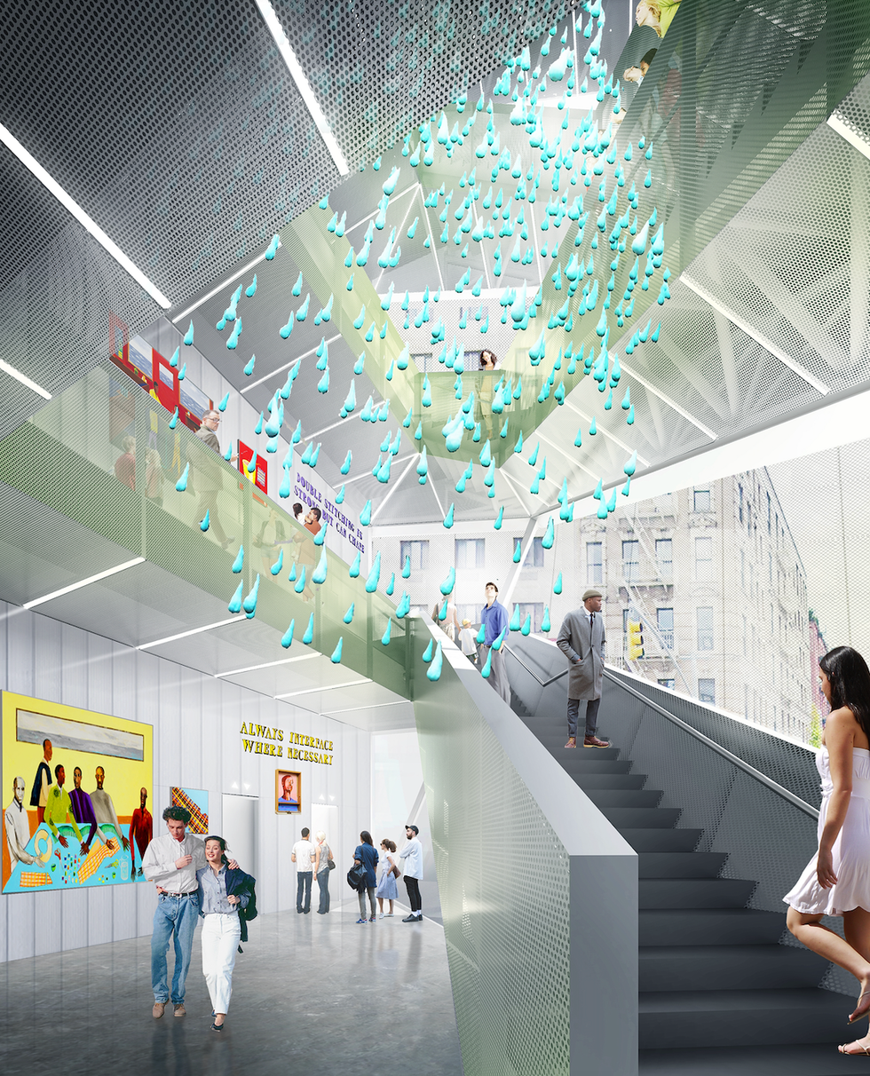 a modern interior space featuring dynamic design elements and artwork