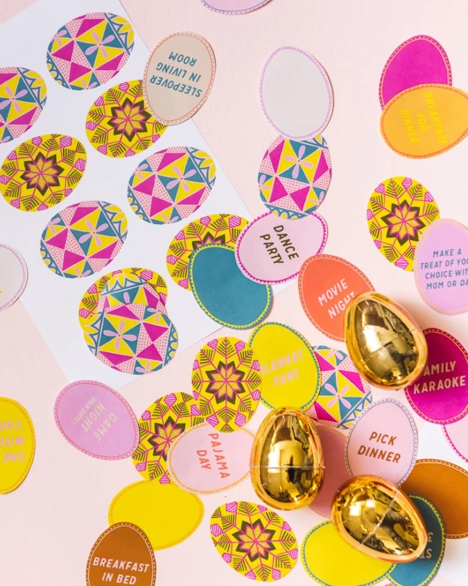 coupon eggs colorful easter egg stickers and golden plastic eggs on a pastel background