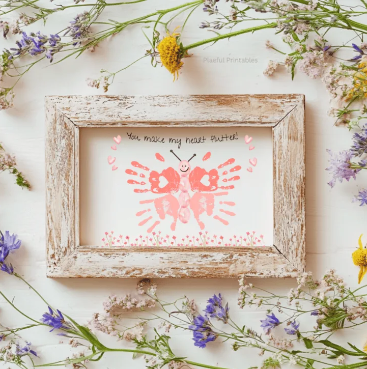 framed artwork depicting a butterfly made from handprints with a joyful message