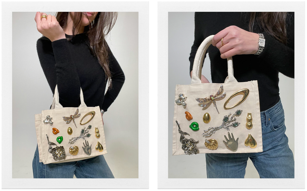 brooches pins on a bag