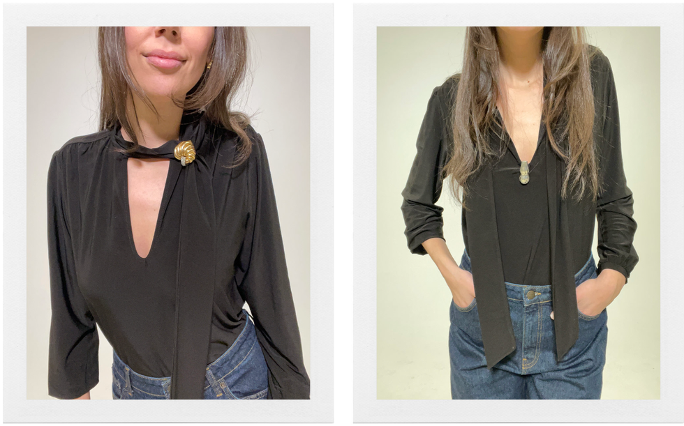 brooches on a neck tie blouse
