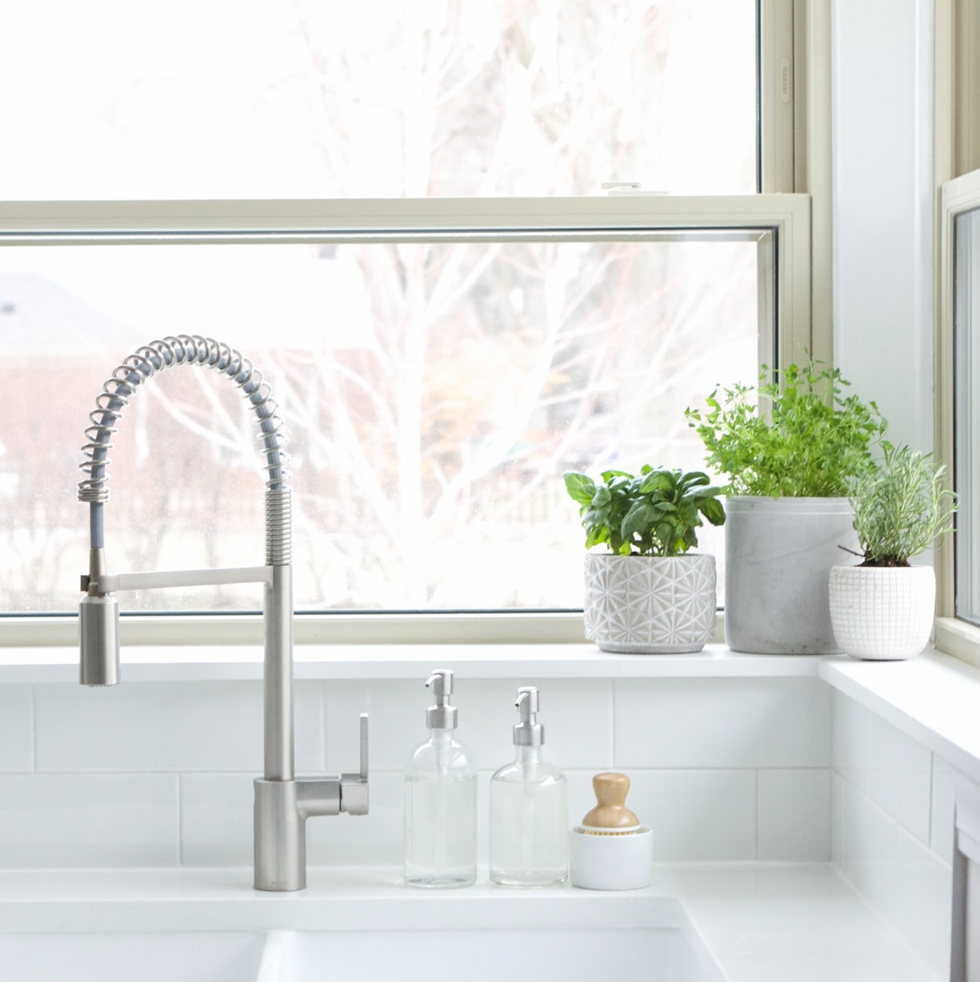 kitchen scene featuring a modern faucet soap dispensers and potted herbs