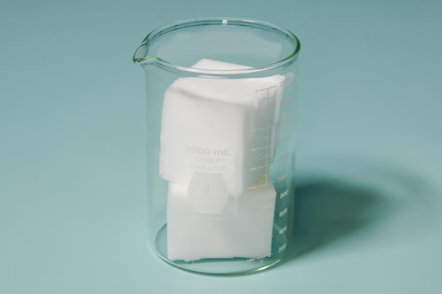 a glass measuring cup filled with two blocks of white foam
