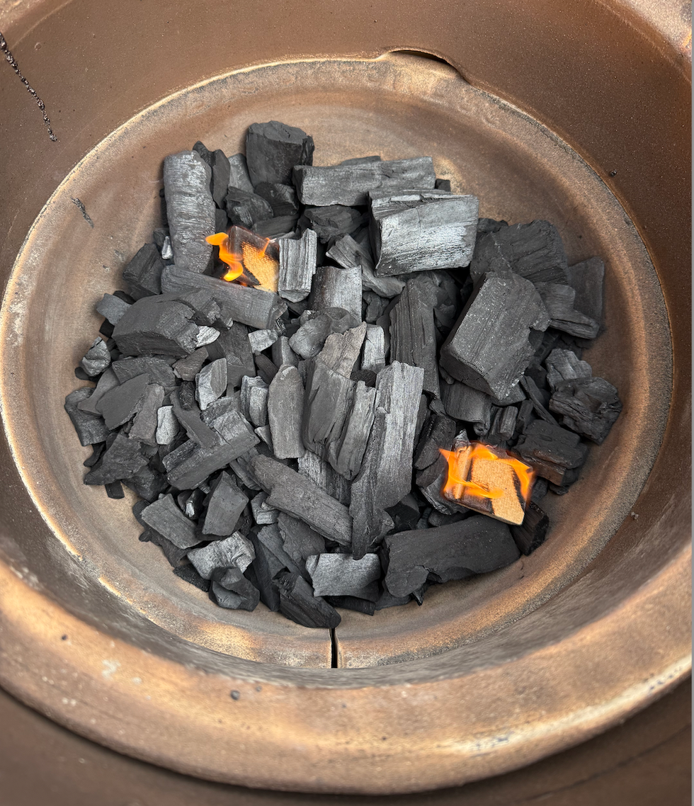 charcoal and kindling burning in a grill