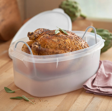 container with a roasted chicken nestled inside