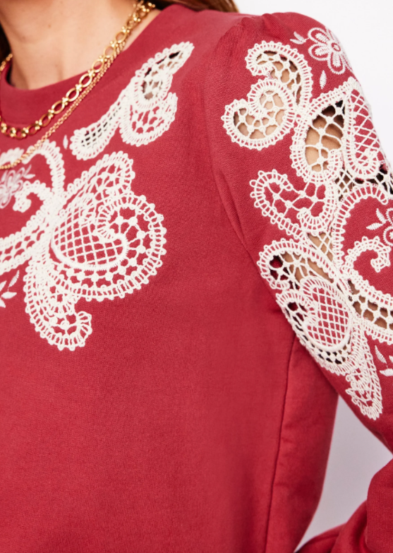 puff sleeve cutwork sweatshirt
