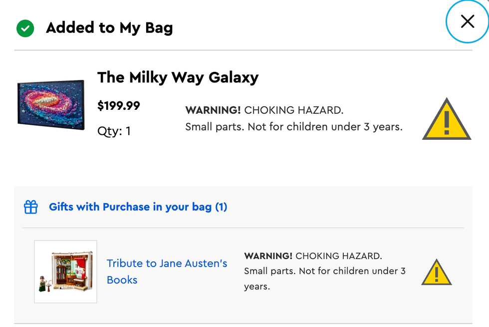 shopping cart summary indicating added items and warnings