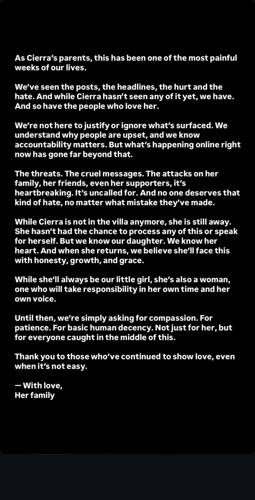 cierra ortega's parents respond to her love island exit