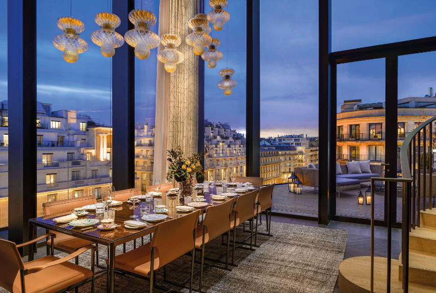 modern dining area with city view