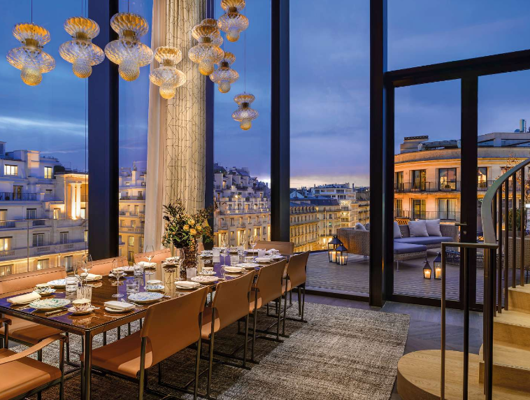 modern dining area with city view