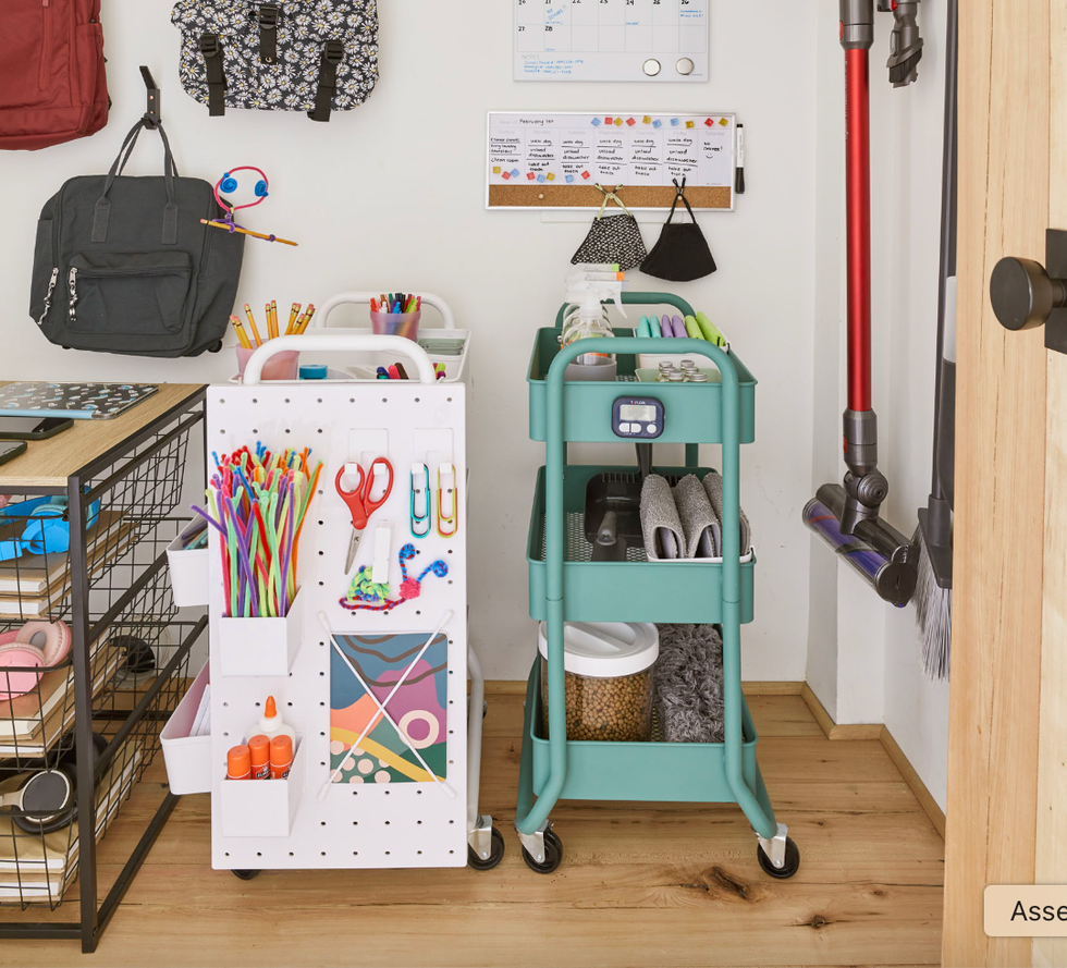 rolling carts filled school supplies in closet