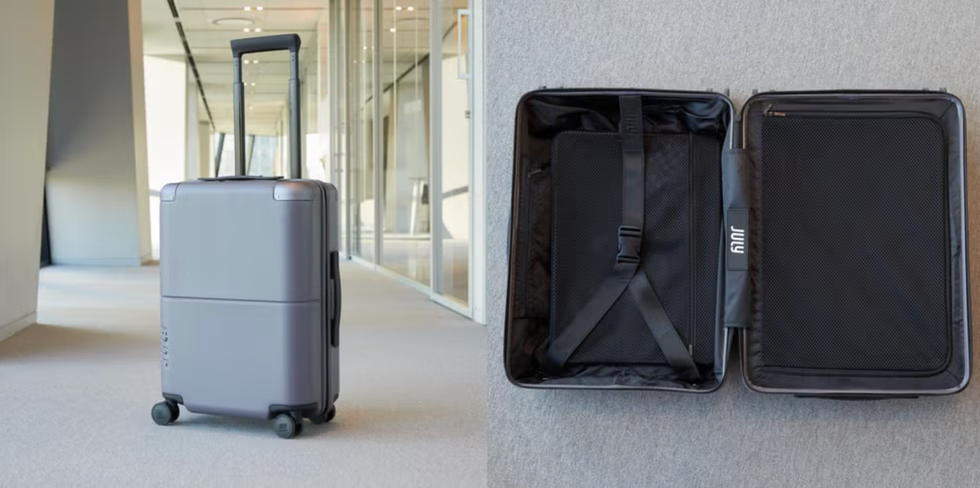 a lilac suitcase from july in a hallway and an overhead shot of an open july suitcase, good housekeeping's pick for smoothest wheels