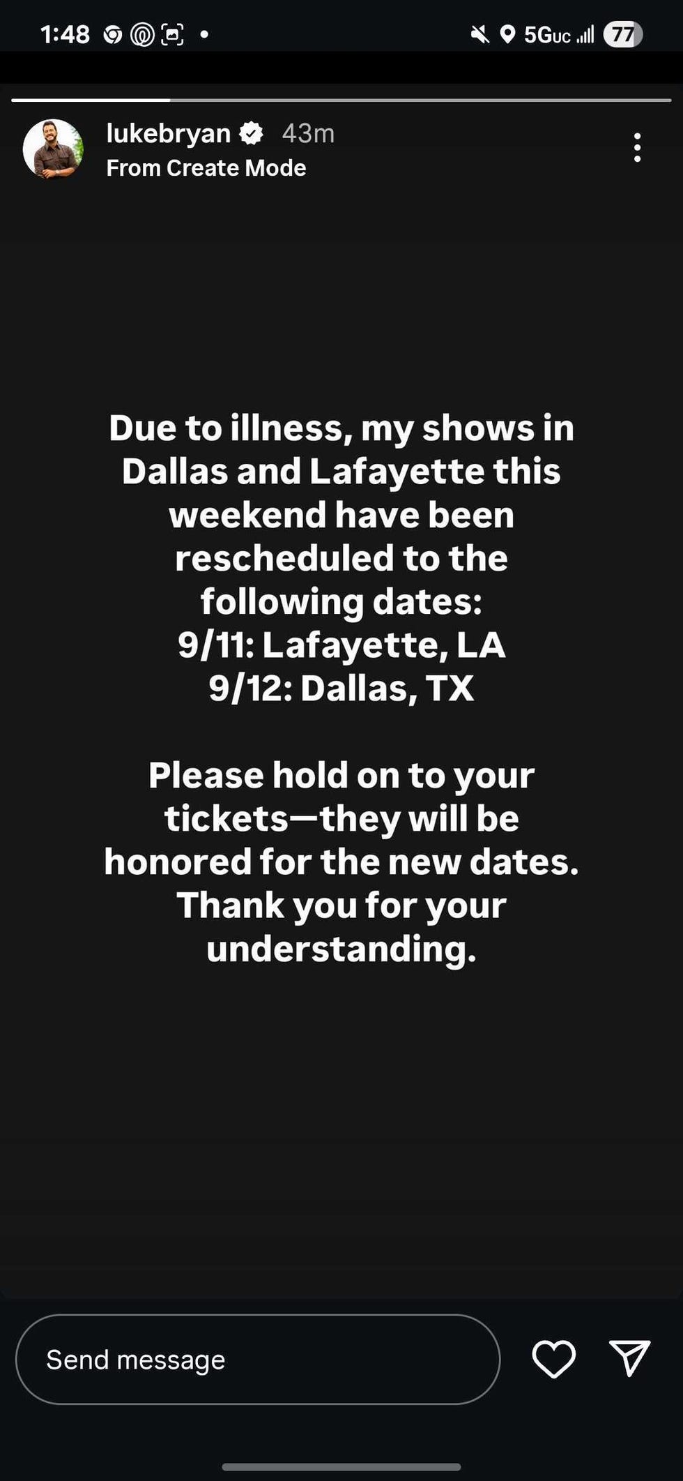luke bryan instagram message