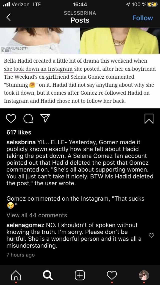 Een screenshot van een post van  het instagramaccount @selssbrina, met daaronder een comment van artiest Selena Gomez.