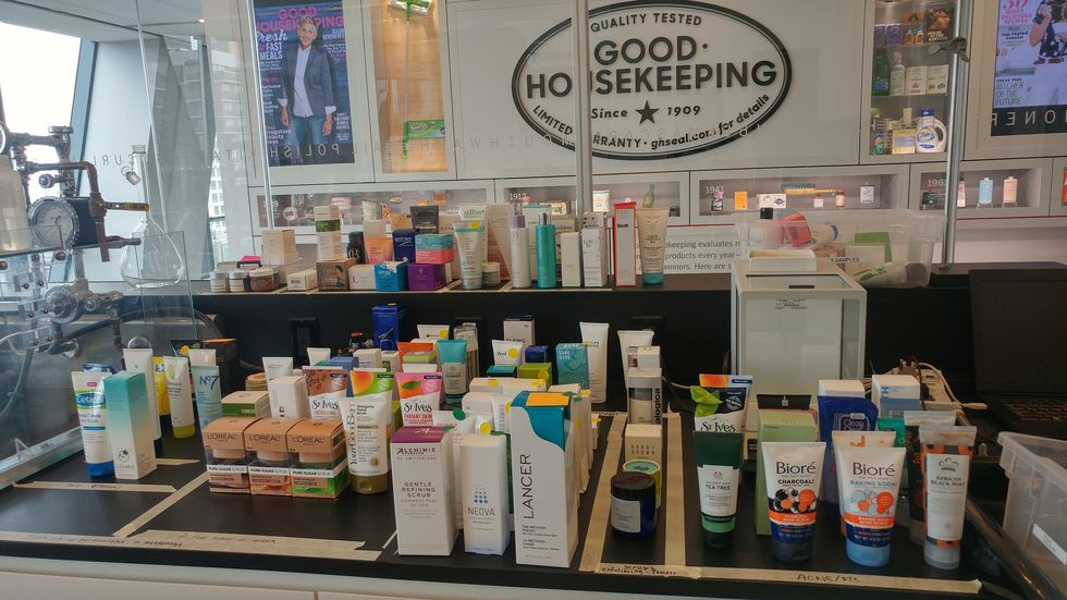 bottles of face scrubs at the good housekeeping institute beauty lab