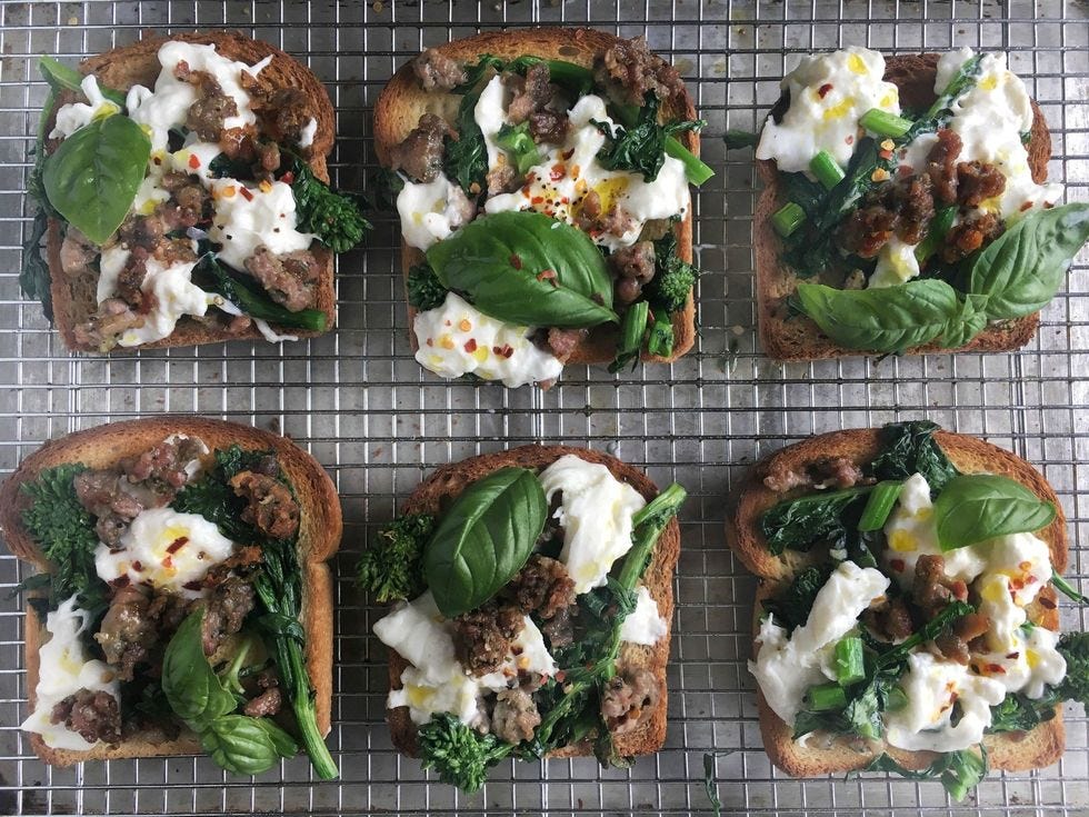 burrata, sausage and broccoli rabe toast
