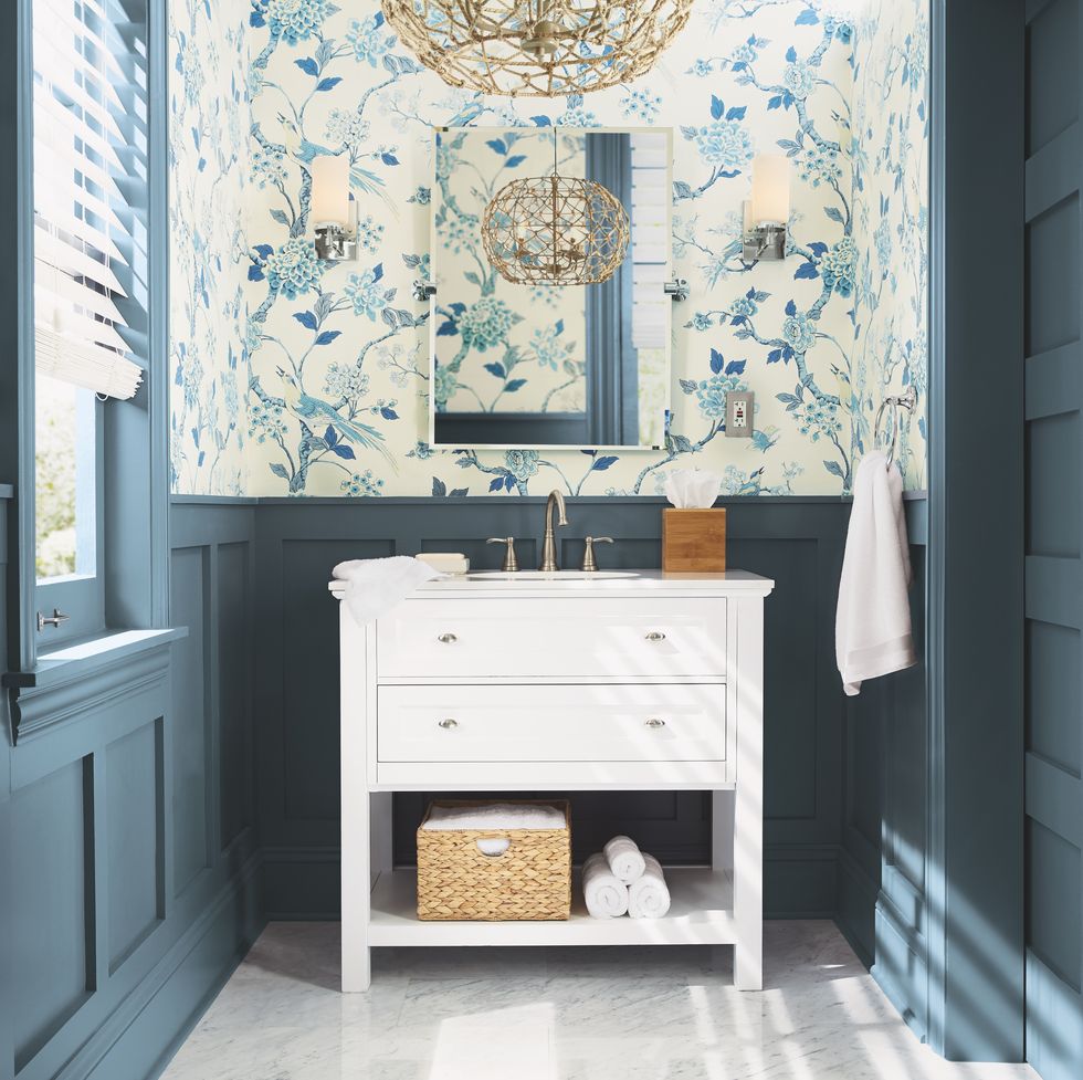 "302259295 york wallcoveringsashford toiles fanciful wallpaper pacific rim powder room main""301200259 sea gull lightingalturas 4375 in w 1 light chrome sconce pacific rim powder room main""300085087 kenroy hometorus 3 light tan pendant pacific rim powder room main""204837109 home decorators collectionaustell 37 in w x 22 in d bath vanity in white with natural marble vanity top in white pacific rim powder room main""301328267 household essentialselements 2 pc bath accessory set pacific rim powder room main""205107346 deltasilverton 3 piece bath hardware set in chrome with towel ring, toilet paper holder and 24 in towel bar pacific rim powder room main""202511356 gatcomax 32 in l x 28 in w wall mount rectangular mirror in chrome pacific rim powder room main""206279938 seville classicswater hyacinth storage baskets, hand woven 2 pack pacific rim powder room main""305203952 the company storelegends regal egyptian cotton wash cloth in white set of 2 pacific rim powder room main""305203954 the company storelegends regal egyptian cotton fingertip towel in white set of 2 pacific rim powder room main""305203964 the company storelegends regal egyptian cotton single bath towel in white pacific rim powder room main"205266201 n490 5 charcoal blue  eggshell paint pacific rim powder room main pirrello digital imaging