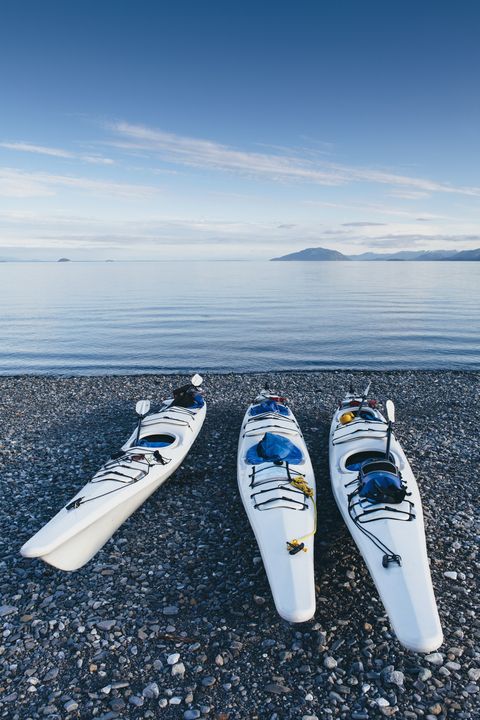 sea kayaks on remote beach, calm waters of muir inlet in distance, glacier bay national park and preserve, alaska