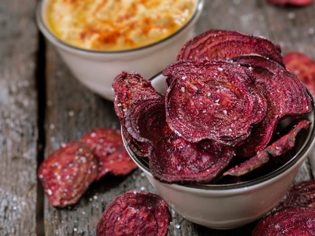 beet chips with salt and hummus make a great healthy snack for weight loss