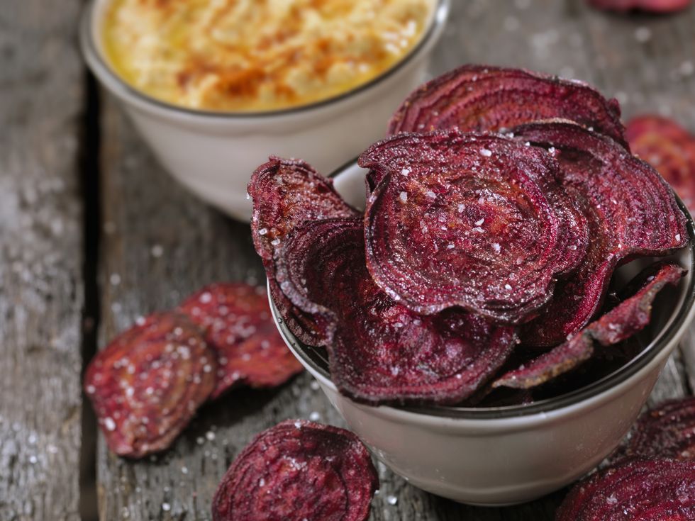 beet chips with salt and hummus make a great healthy snack for weight loss
