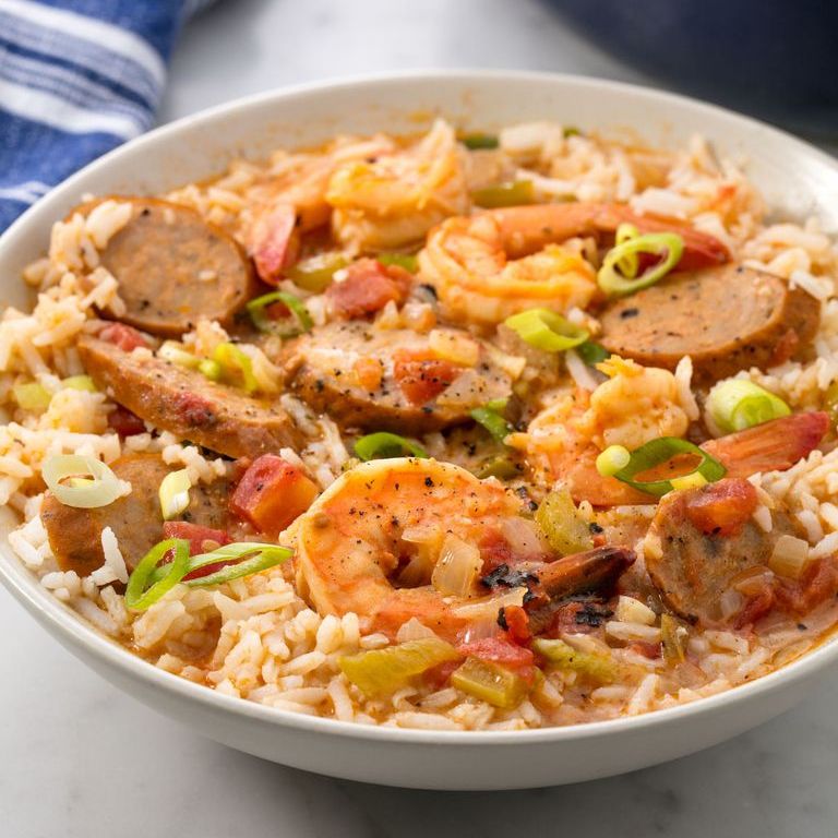 seafood gumbo with shrimp and sausage over white rice