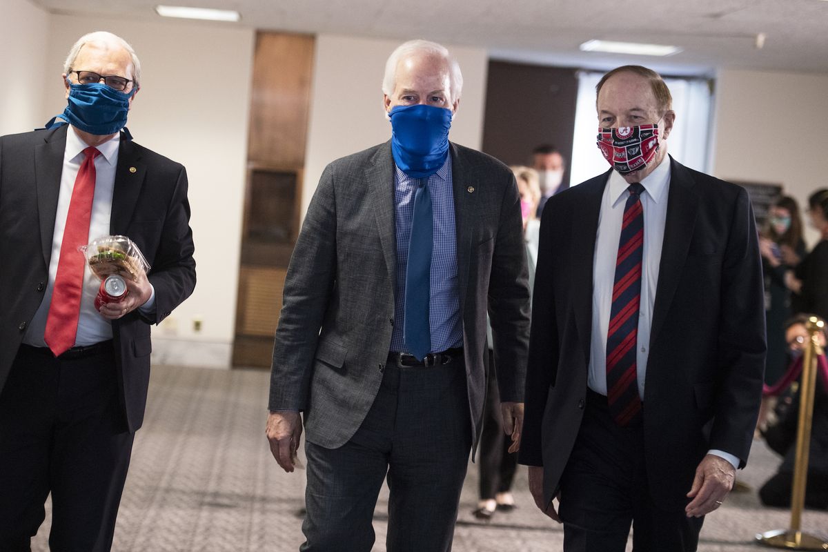 united states   may 5 from left, sens kevin cramer, r nd, john cornyn, r texas, and richard shelby, r ala, leave the senate republican policy luncheon in hart building on tuesday, may 5, 2020 photo by tom williamscq roll call