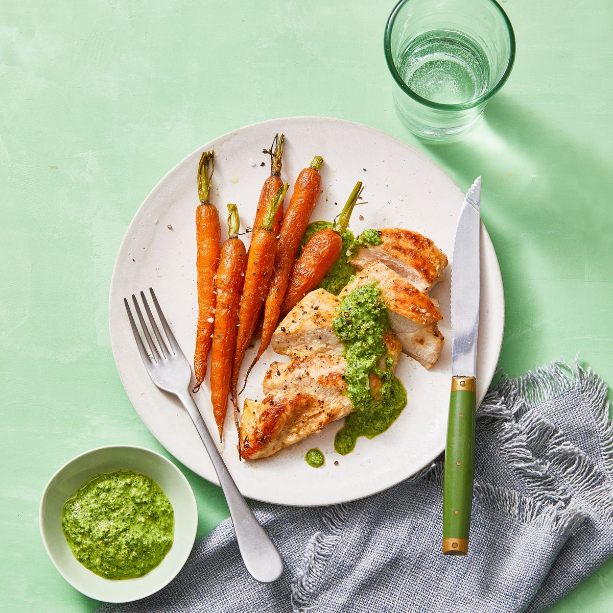 seared chicken with carrots and mint almond pesto