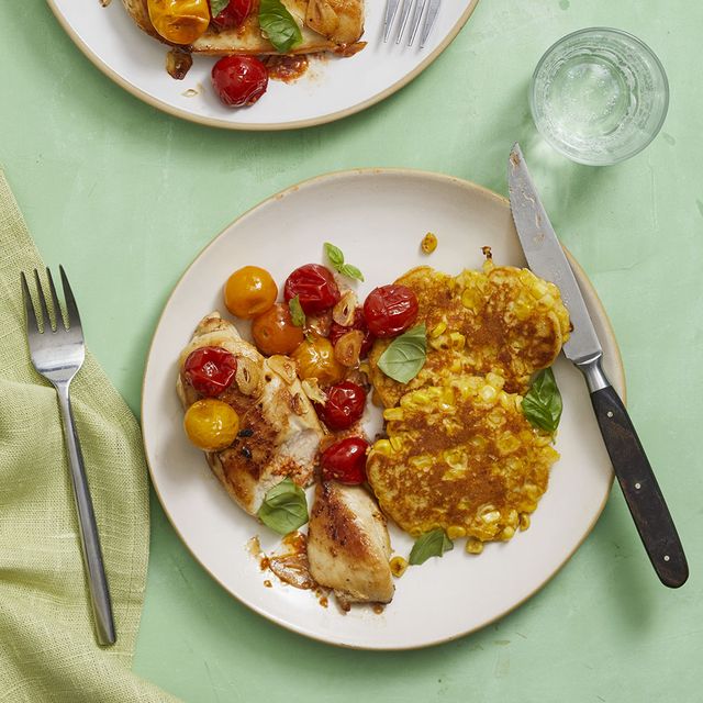 seared chicken with tomatoes and fresh corn cakes recipe