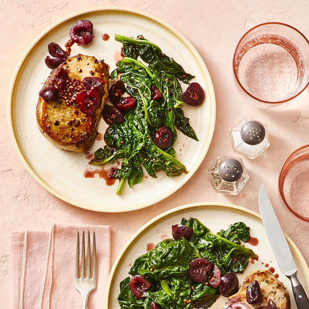 Seared Pork chops with Cherries and Spinach Recipe