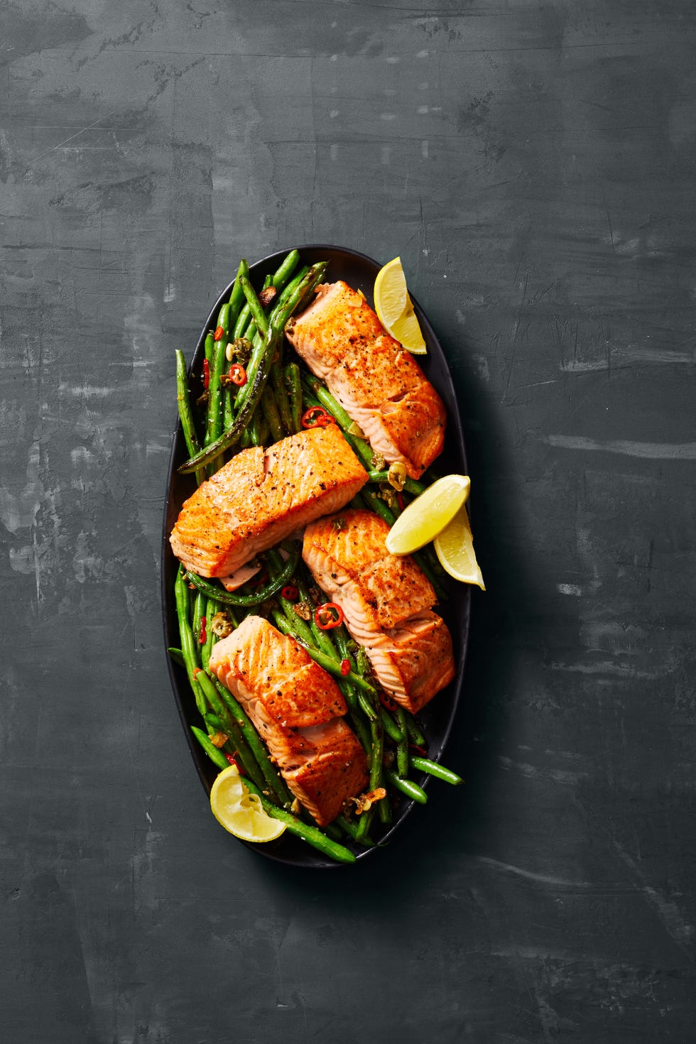 seared salmon with charred green beans