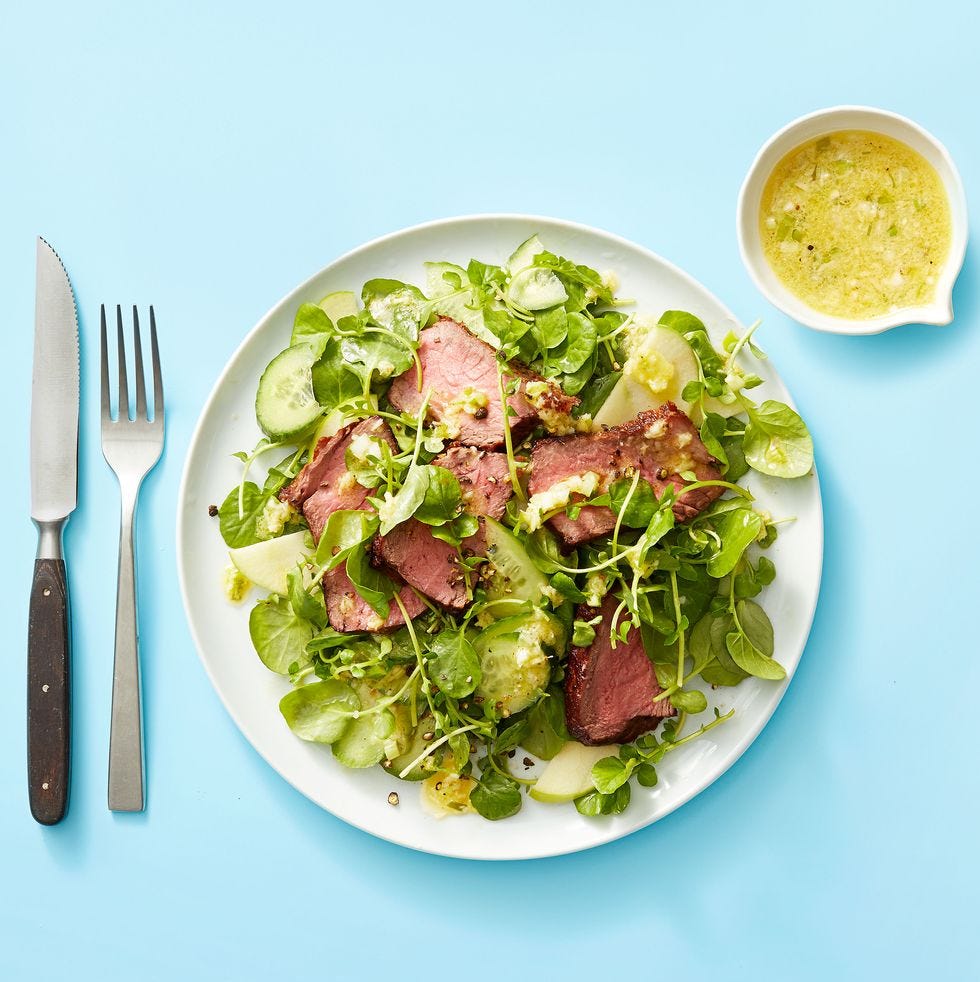 seared steak with apple salad and horseradish vinaigrette