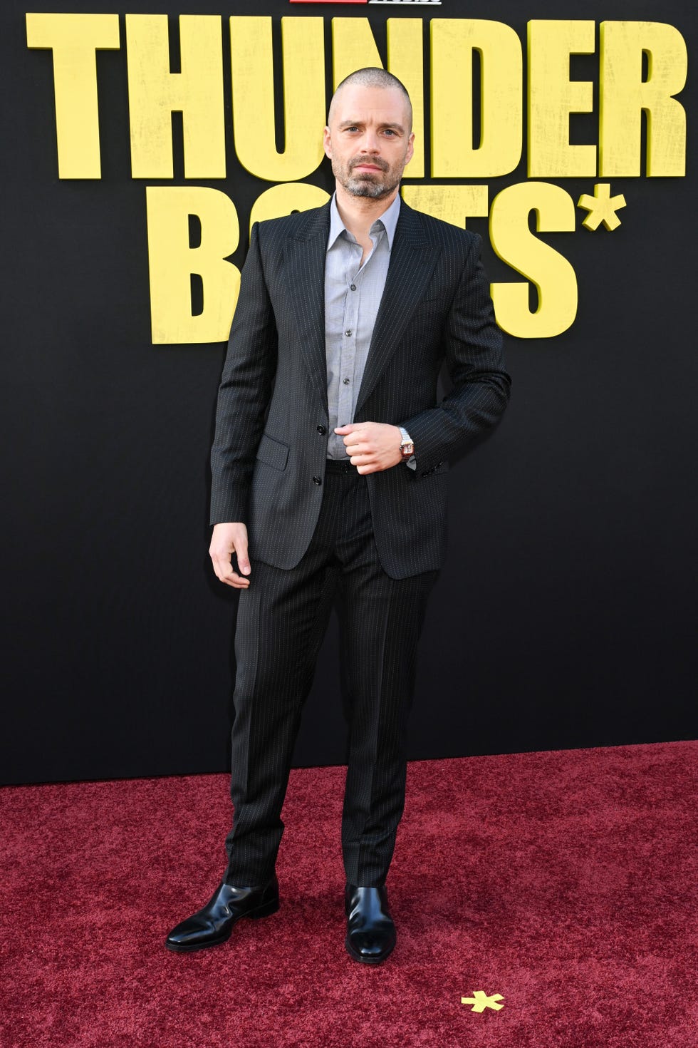 sebastian stan with a shaved head at the thunderbolts premiere in california