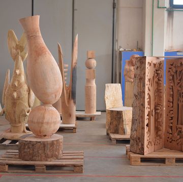 a group of wooden sculptures