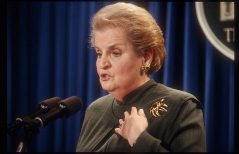madeleine albright holds a briefing on peace talks