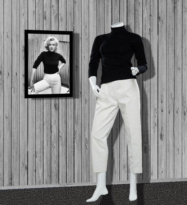 marilyn monroes personal black turtleneck sweater and white capri pants by jax worn in various private and public moments between 1953 and 1956