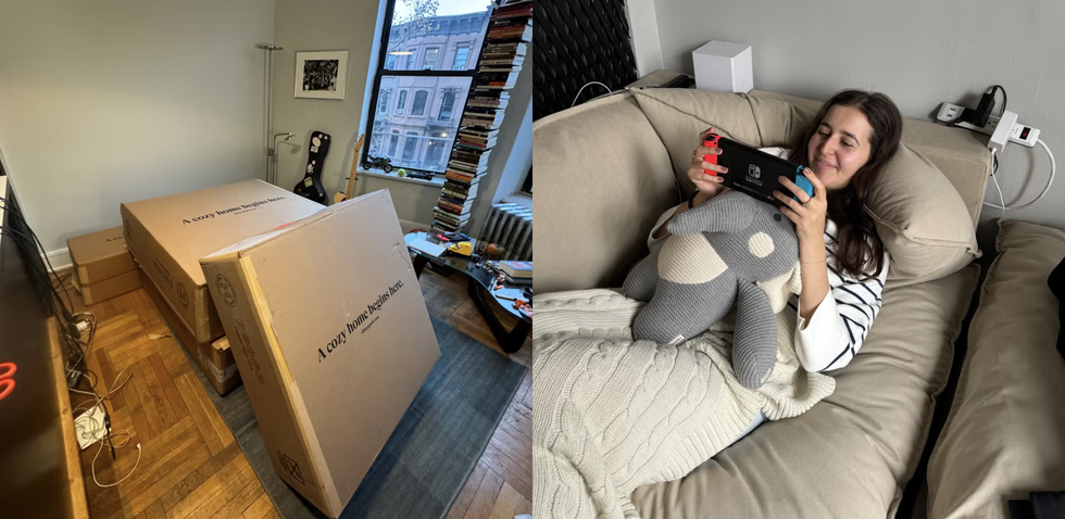 boxes for the albany park sofa and an analyst sitting on it once fully assembled