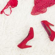 Red, Pink, Font, Carmine, Lip, Footwear, Material property, 