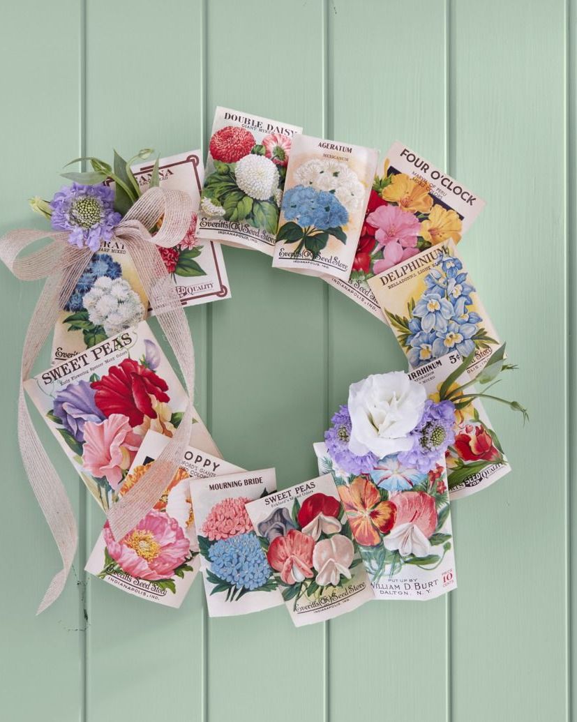 summer wreath made of vintage seed packets