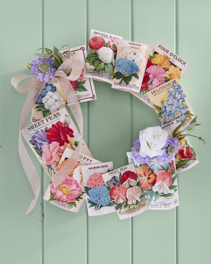 summer wreath made of vintage seed packets