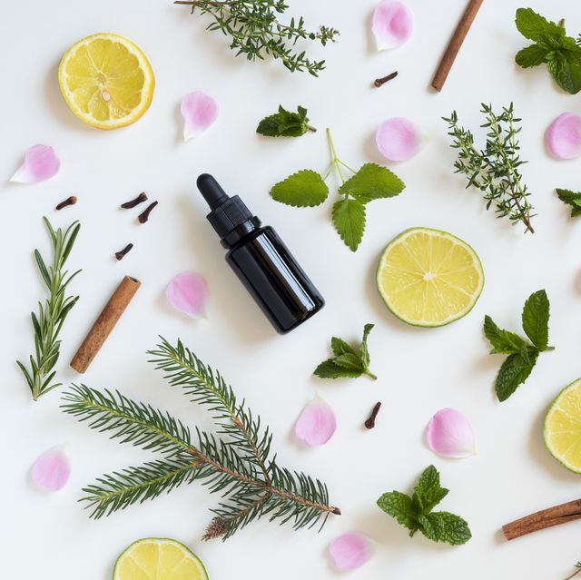 selection of essential oils and herbs