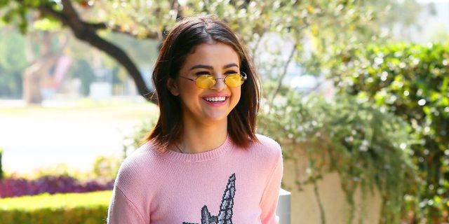 Facial expression, Smile, Pink, T-shirt, Happy, Photography, Glasses, Fun, Street fashion, Tree, 