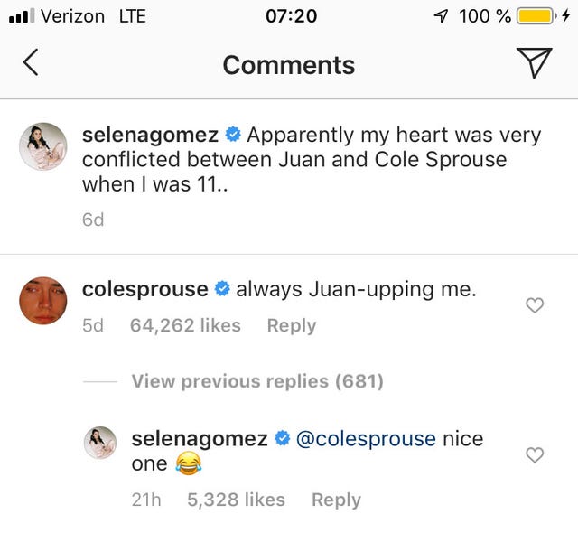 See Selena Gomez's Response to Her Crush Cole Sprouse on Instagram