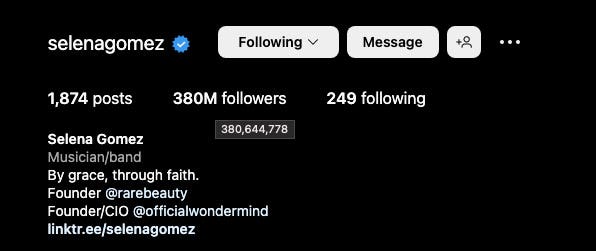 selena gomez's follower count at 625 pm est﻿