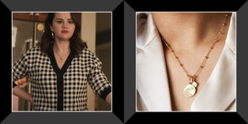 selena gomez in only murders in the building wearing a gold marigold and initial necklace