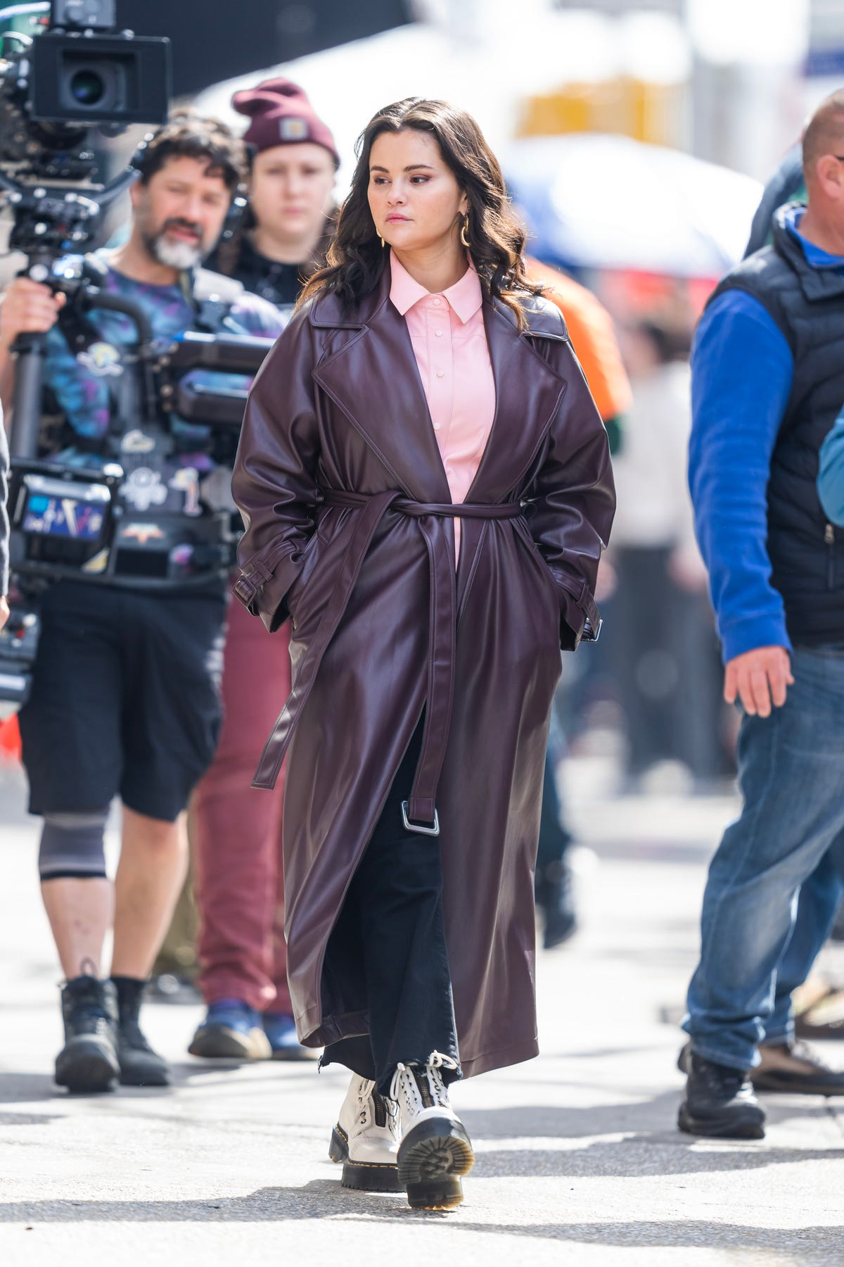 Selena Gomez Wears Chic Oversized Plum Coat On 'Only Murders In the  Building' Set