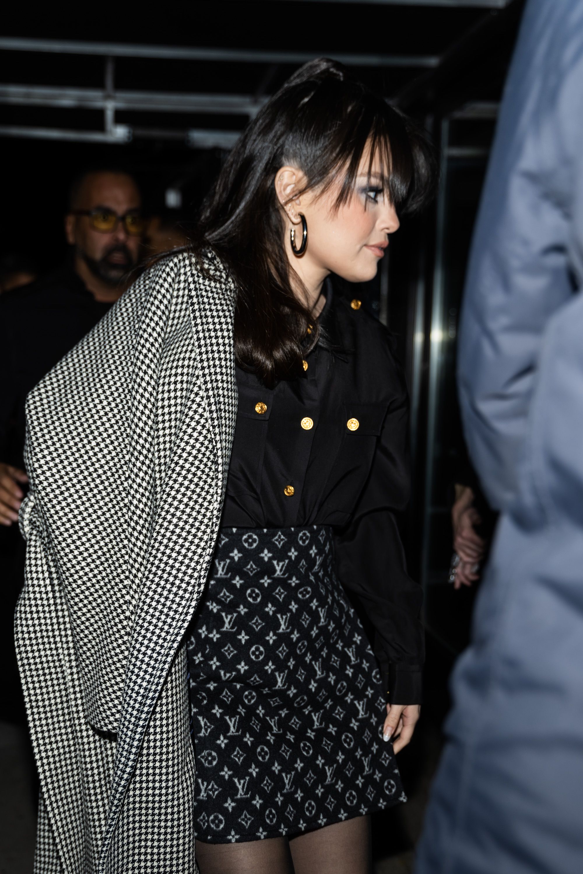 Selena Gomez Paired a Chic Louis Vuitton Miniskirt With a Houndstooth Coat  in NYC