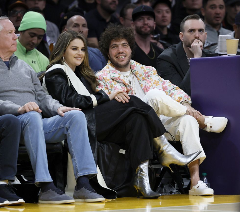 los angeles, ca january 03 singer and actress selena gomez, left and record producer benny blanco watch the lakers play the miami heat at cryptocom arena in los angeles wednesday, jan 3, 2024 allen j schaben los angeles times via getty images