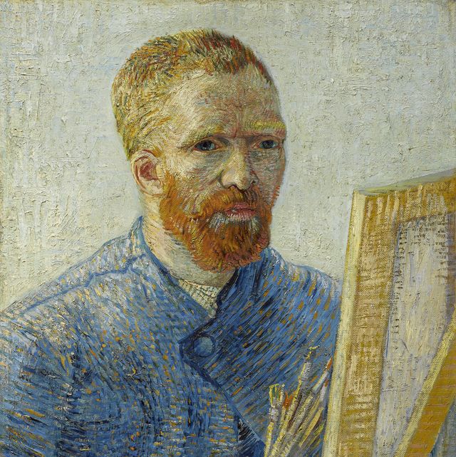 a painted portrait of vincent van gogh holding a paint palette and brushes with an easel in front of him