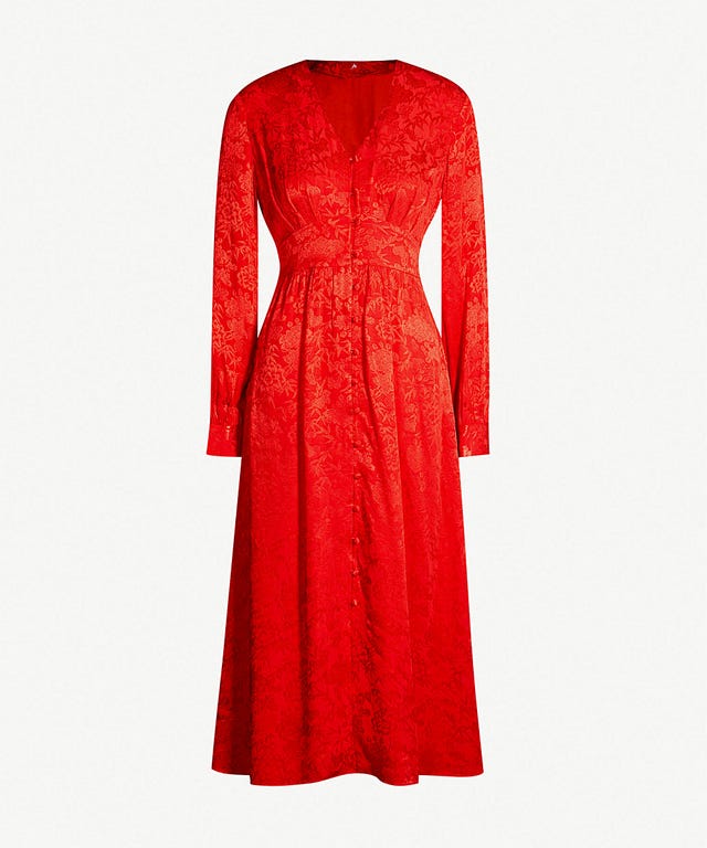 Clothing, Dress, Red, Day dress, Sleeve, Cocktail dress, Outerwear, Gown, A-line, Formal wear, 