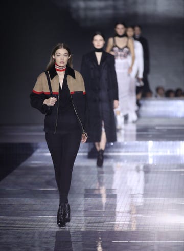 london, england   february 17 gigi hadid walks the runway at the burberry  show during london fashion week february 2020 on february 17, 2020 in london, england photo by mike marslandwireimage